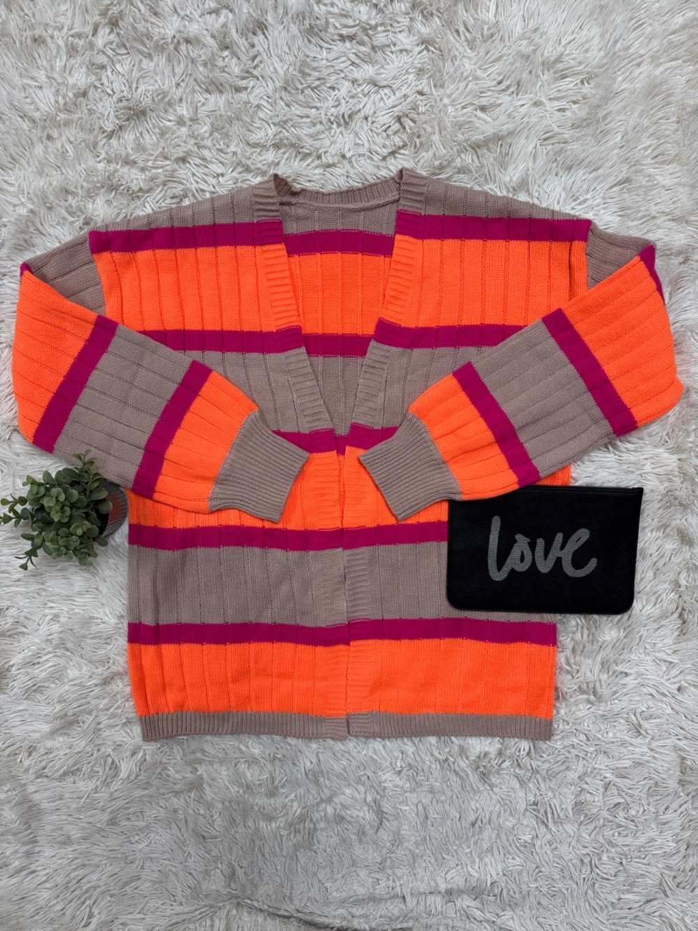 πHPπ Boutique NWOT Striped Knit Open Cardigan π Taupe Neon Orange & Magenta - Picture 2 of 13